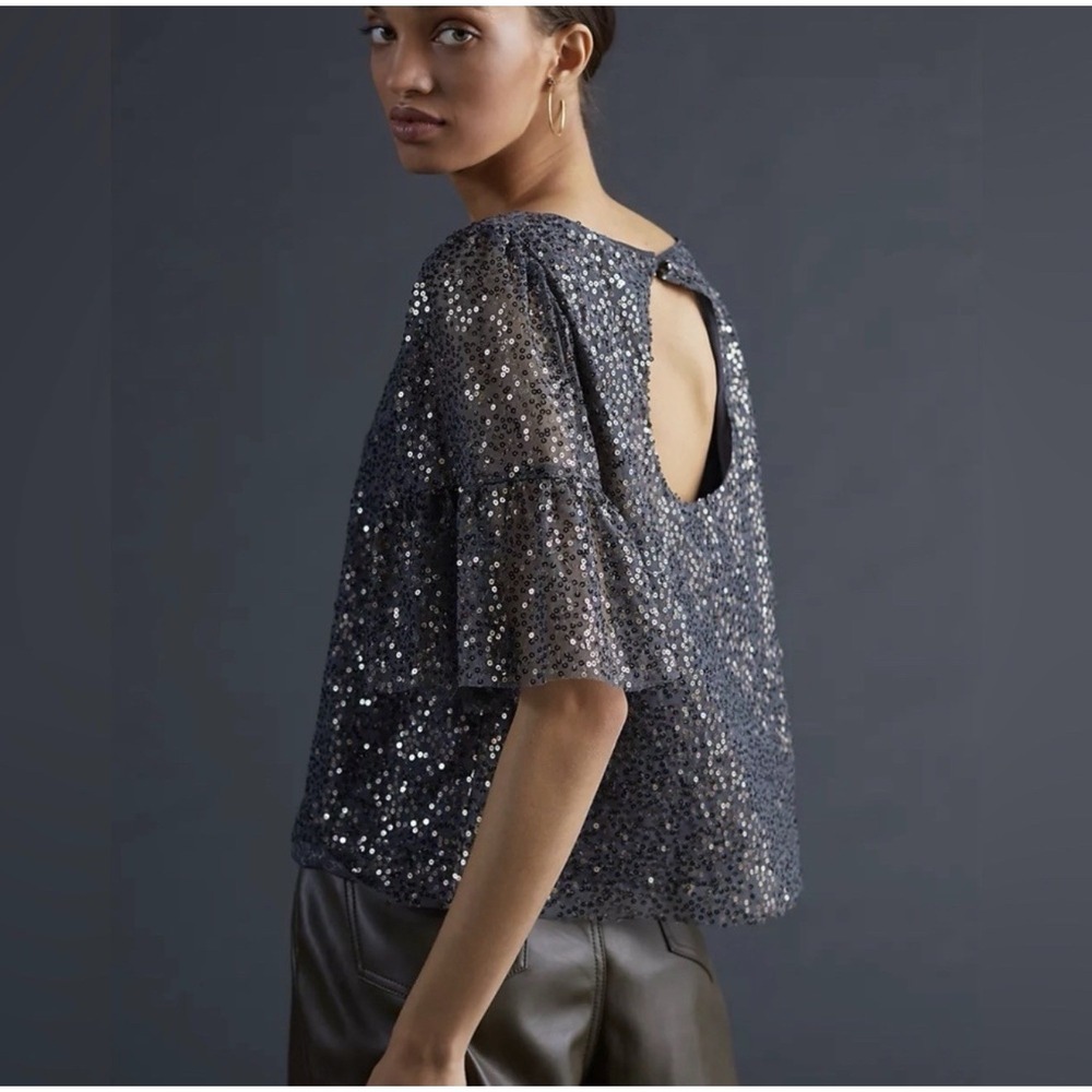 Maeve Anthropologie Sequin Ruffle Sleeve Blouse Carbon Grey M New Keyhole Back